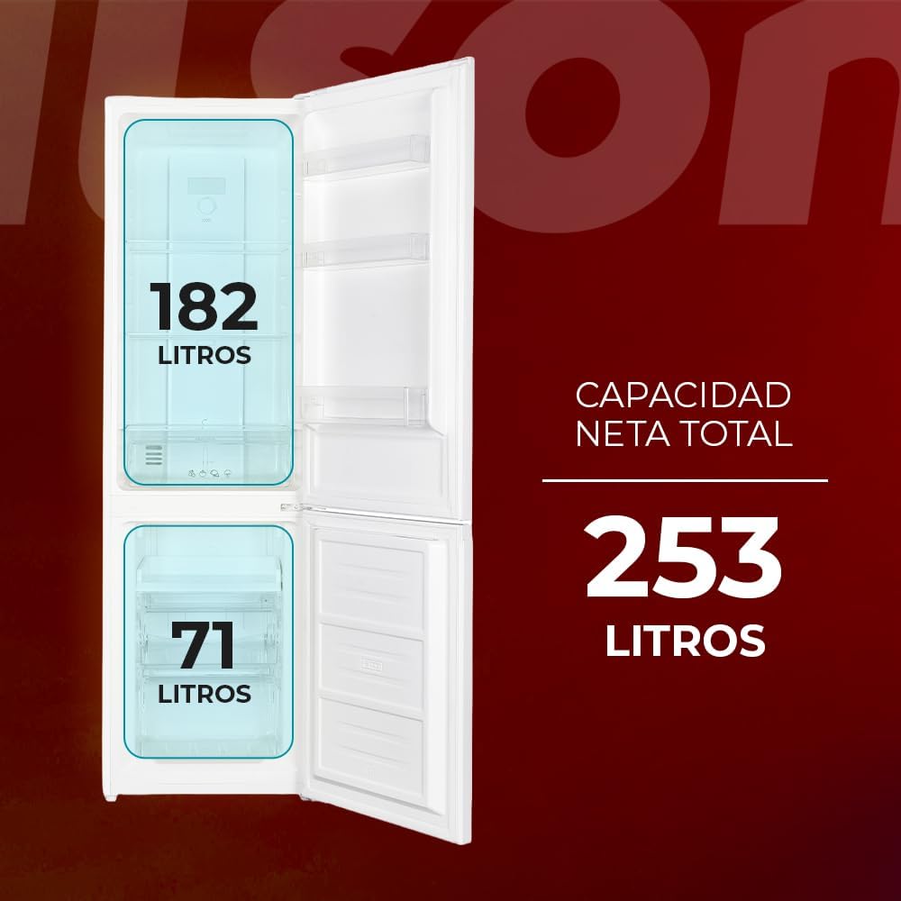 NILSON Frigorífico combinado branco, 2 portas. NC185500ENF, Capacidade de 253 litros, sem rost, Multi Air Flow, baixo nível sonoro, porta reversível, classificação energética E