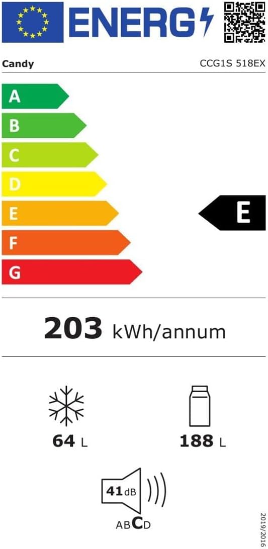 Candy CCG1S 518EX Frigorífico Combi, Ancho 55cm, Altura 1,80m, Capacidad 252L, Cajón Verdulero, Control Mecánico de la temperatura, Iluminación LED, Puerta Reversible, 41DB, Inox