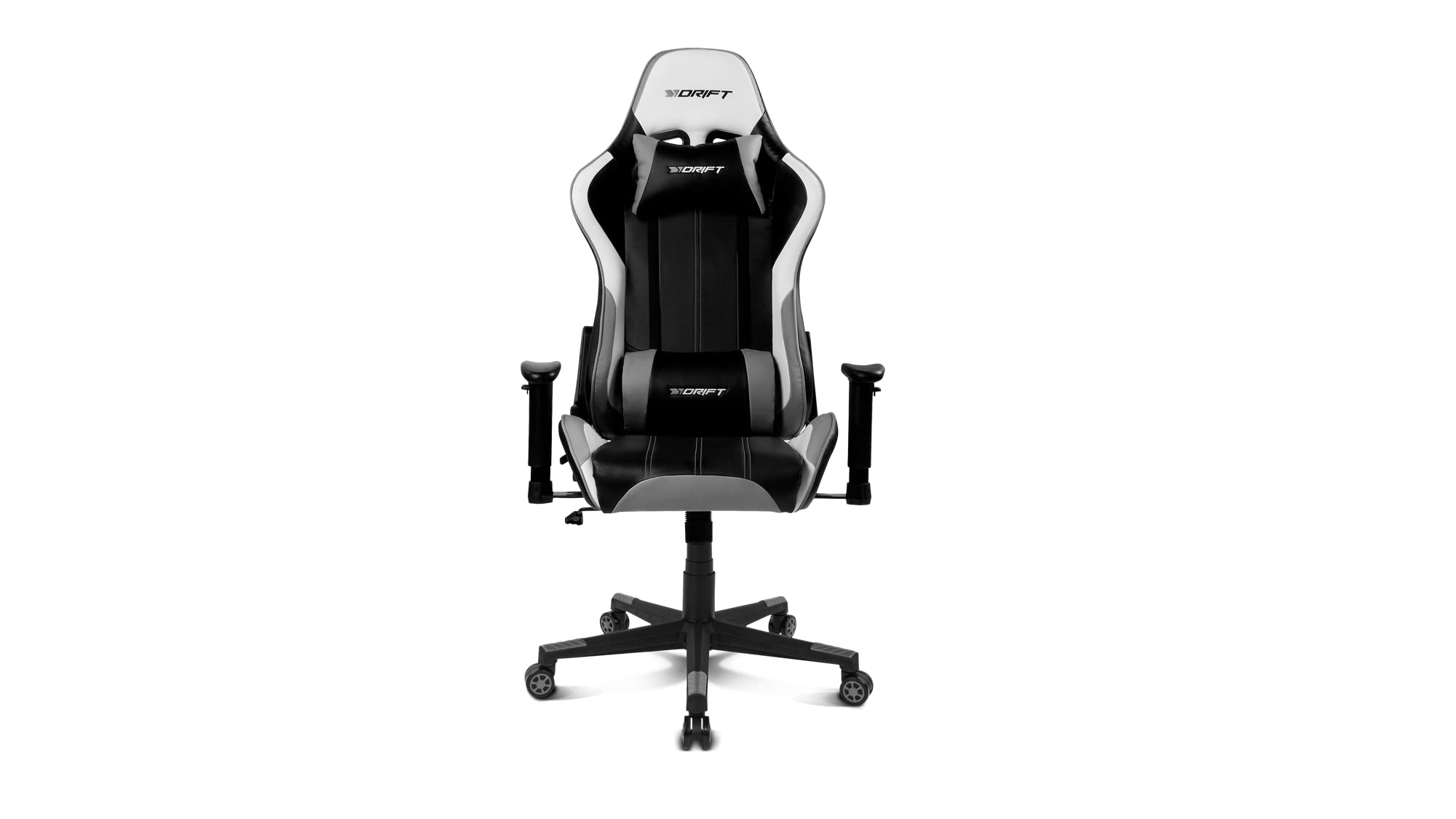 DRIFT GAMING DR175 - Cadeira Gaming profissional, couro sintético, apoio de braços ajustáveis 2D, pistão classe 4, giratória, mecanismo de borboleta, almofada lombar e cervical, cor preto/branco