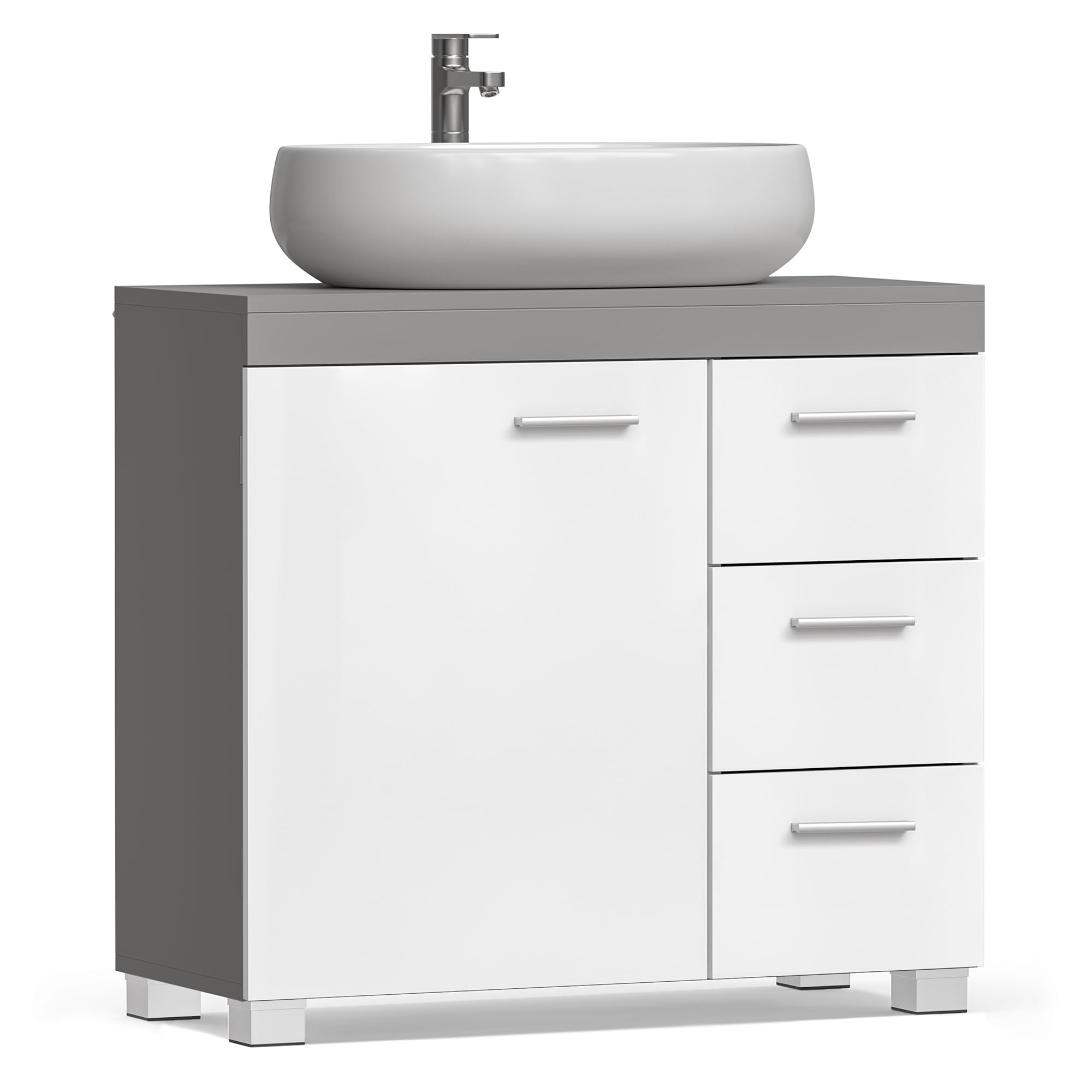 VASAGLE Móveis de lavatório baixo, armário de casa de banho, 3 gavetas, 2 compartimentos atrás da porta, adequado para lavatórios com pedestal, com pés, 30 x 70 x 64 cm, branca nuvem BBK504W01