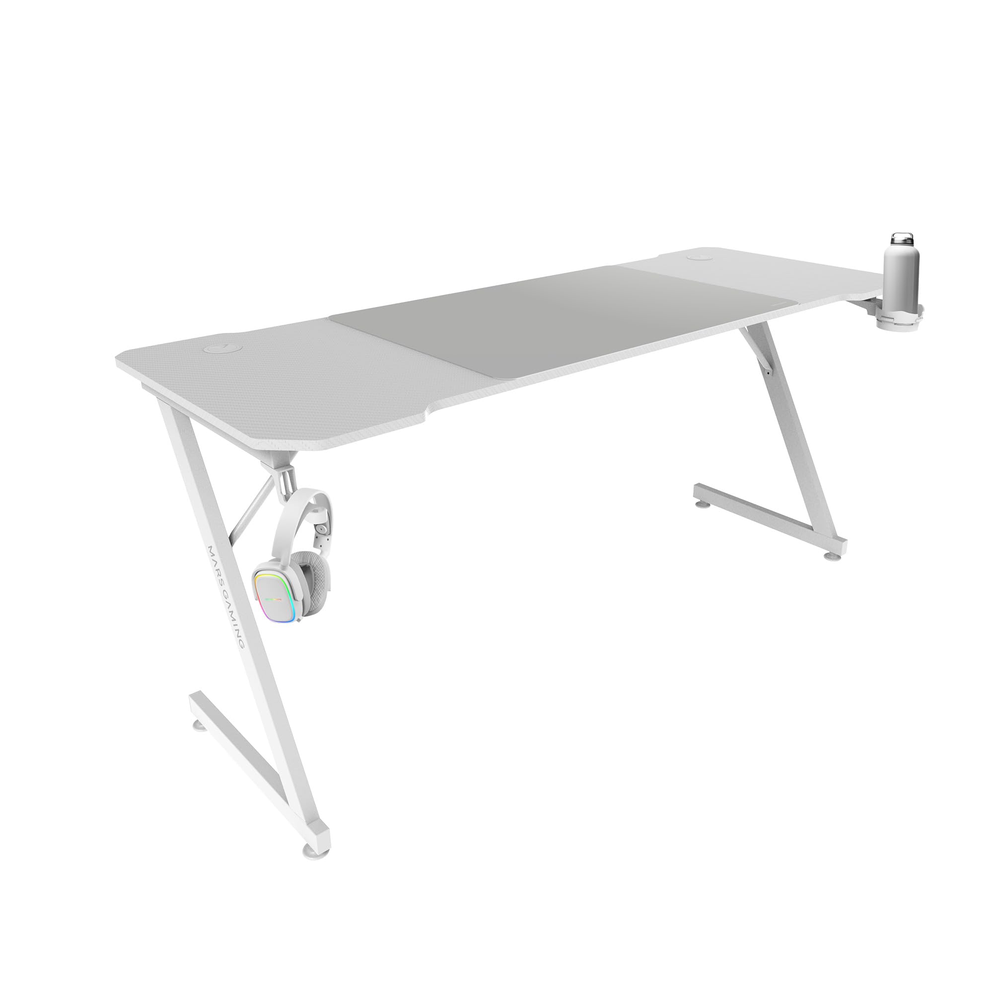 Mars Gaming MGD-X160RGB, Mesa de jogos ergonómica, iluminação ARGB com comando, fibra de carbono, tapete XXL, suporte auriculares e bebida, gestão com cabos, secretária Gaming 160 x 60 cm, preto