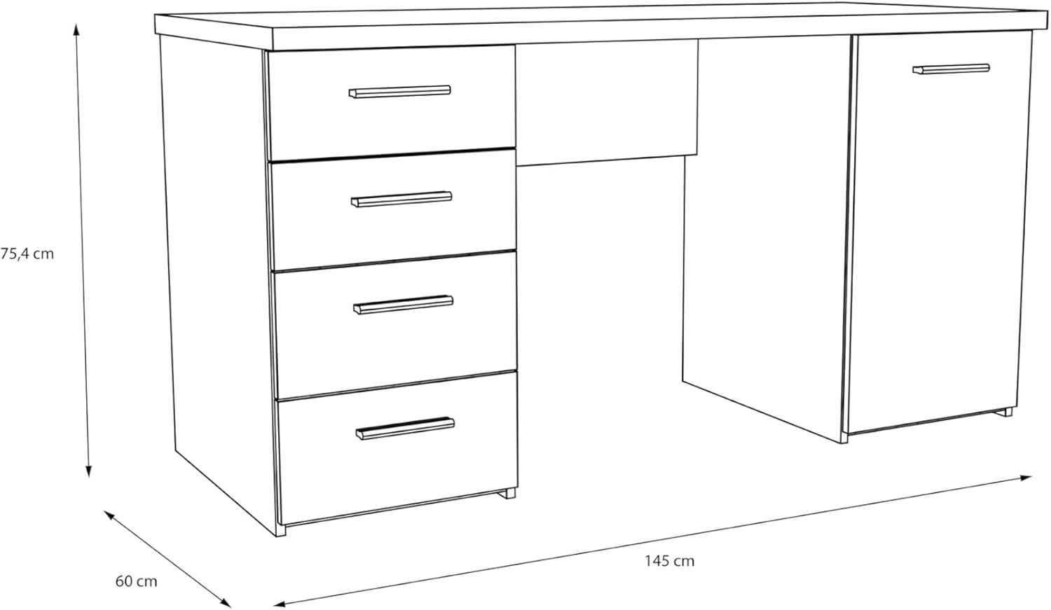Forte Escritorio NET106 Negro con 1 Puerta y 4 cajones, Material de Madera, Negro, 145 cm de Ancho, 76,3 cm de Alto y 60 cm de Profundidad