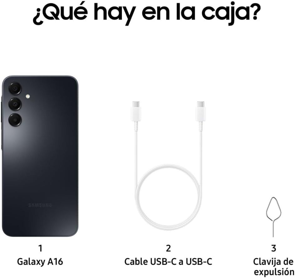 Samsung Galaxy A16 4G LTE, telemóvel Android, ecrã 6,7" super AMOLED, várias câmaras, armazenamento de 256 GB, preto (versão espanhola), garantia do fabricante 3 anos + 1 ano extra