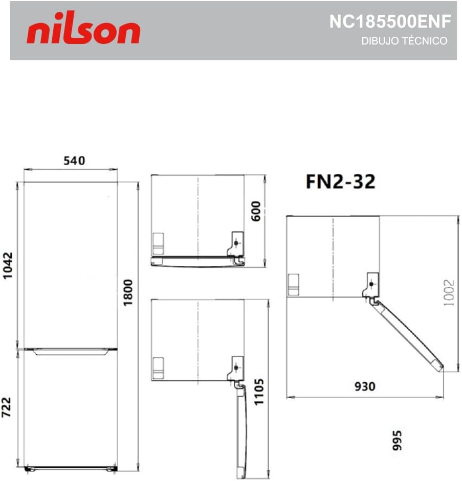 NILSON Frigorífico combinado branco, 2 portas. NC185500ENF, Capacidade de 253 litros, sem rost, Multi Air Flow, baixo nível sonoro, porta reversível, classificação energética E