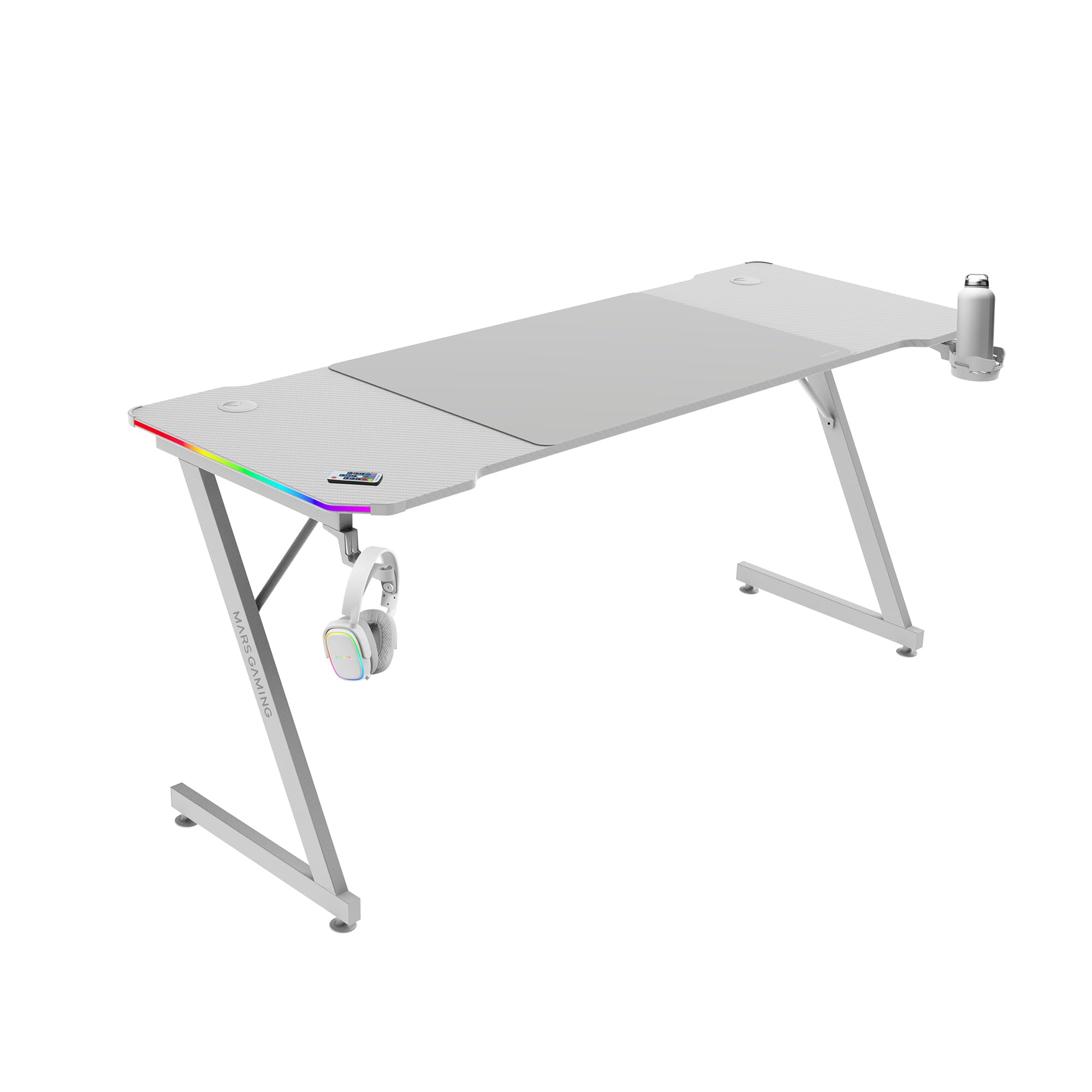 Mars Gaming MGD-X160RGB, Mesa de jogos ergonómica, iluminação ARGB com comando, fibra de carbono, tapete XXL, suporte auriculares e bebida, gestão com cabos, secretária Gaming 160 x 60 cm, preto
