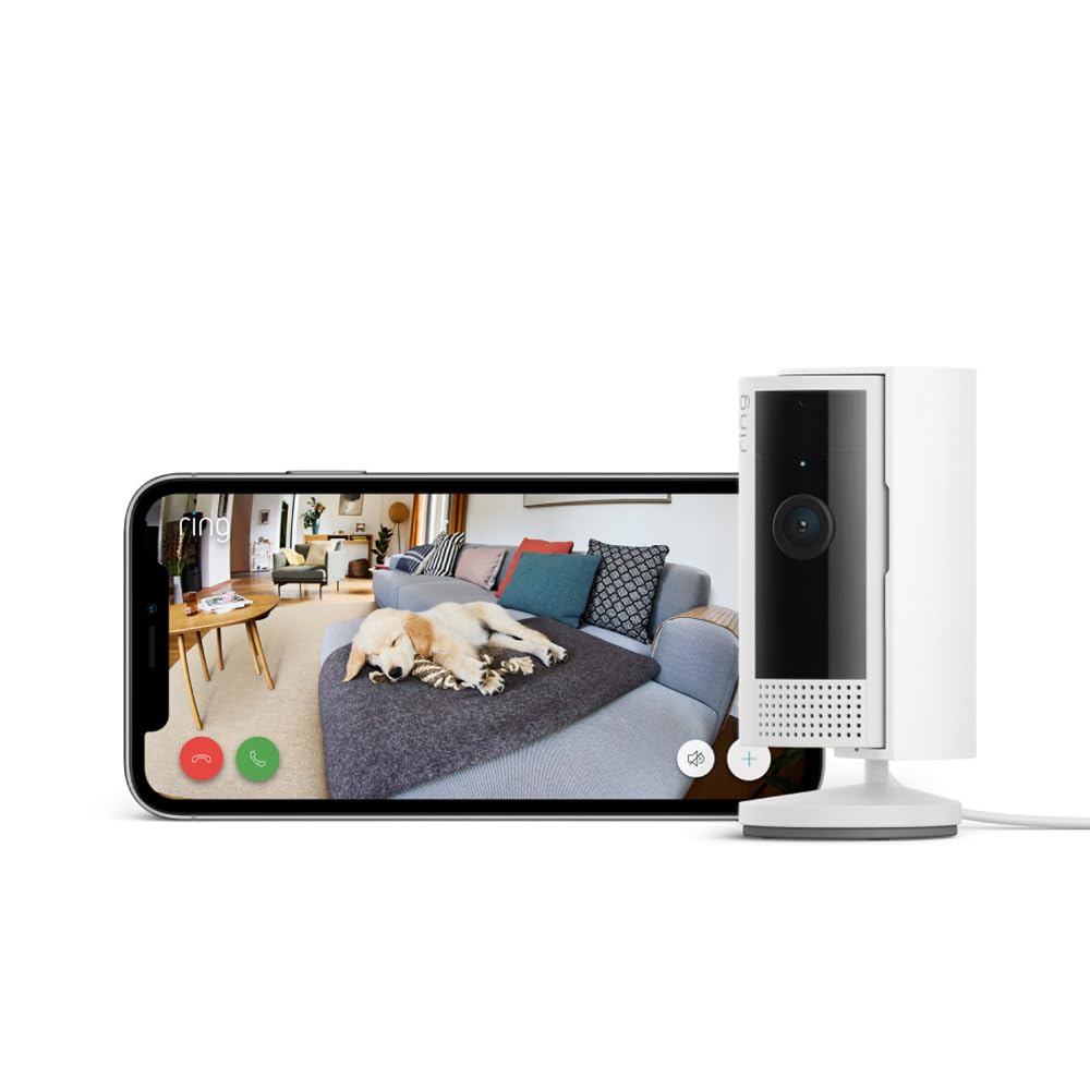 Ring Cámara interior (Indoor Camera 2.ª gen.) | Cámara de vigilancia wifi con enchufe para mascotas | Vídeo 1080p HD, comunicación bidireccional, cubierta de privacidad | 30 días gratis de Ring Home
