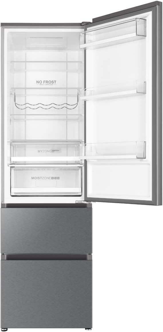Haier 3D Frigorífico Combinado 3D, motor de inverno, gavetas Direct Access no congelador, garrafeiro, Humidity Zone, 371 l, total sem rost, classe D, inoxidável, largura: 60 cm, altura: 200 cm