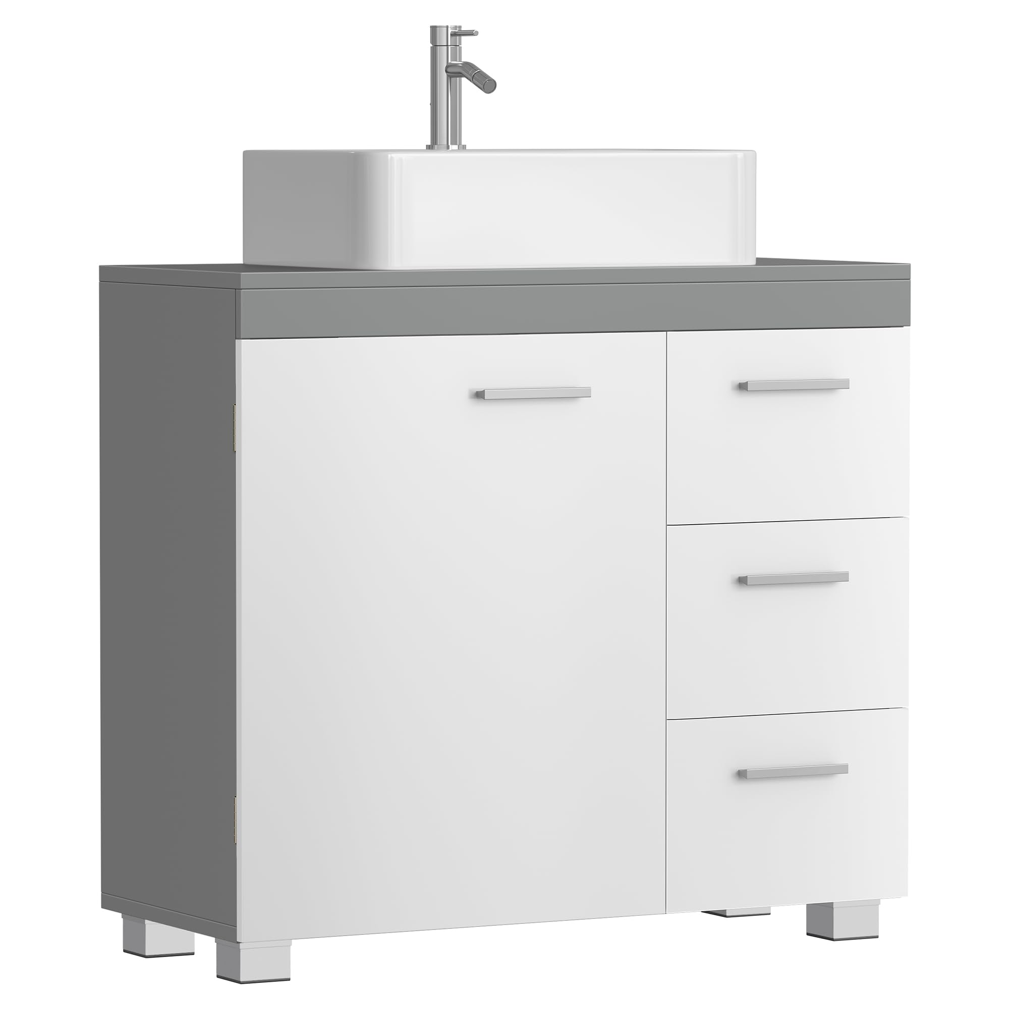 VASAGLE Móveis de lavatório baixo, armário de casa de banho, 3 gavetas, 2 compartimentos atrás da porta, adequado para lavatórios com pedestal, com pés, 30 x 70 x 64 cm, branca nuvem BBK504W01