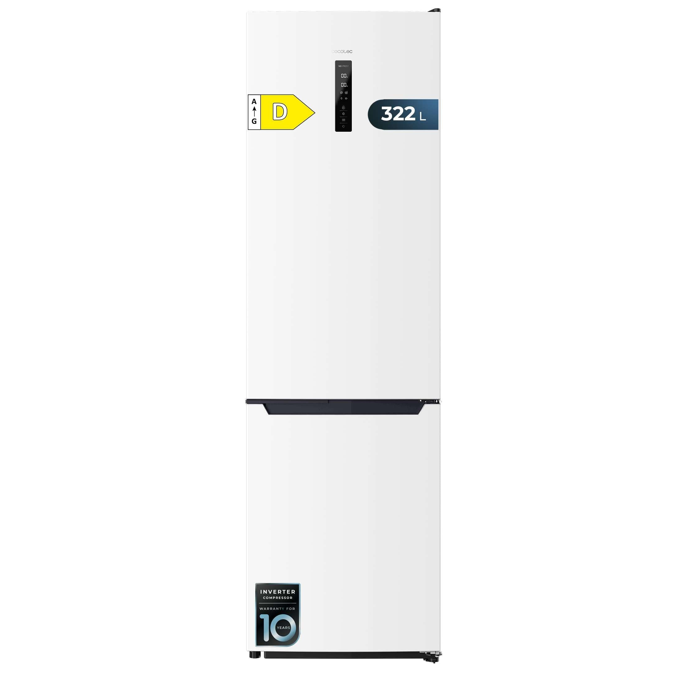 Cecotec Frigorífico Combi 2 portas de Bolero CoolMarket Combi 322 Inox D. 322 l, altura 185 e 60 cm de largura, baixo consumo, inversor do motor, sistema multi ar low, total sem gelo
