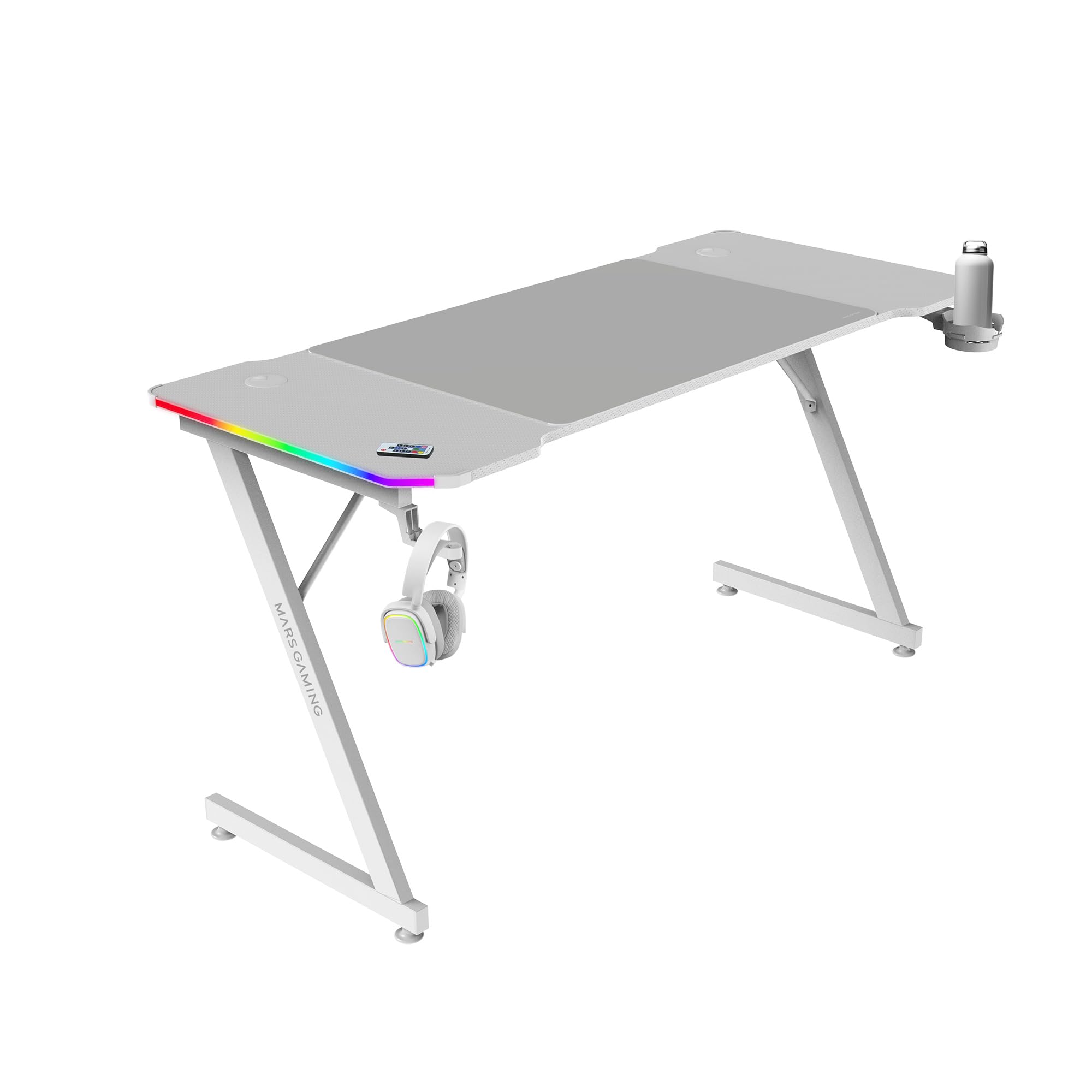 Mars Gaming MGD-X160RGB, Mesa de jogos ergonómica, iluminação ARGB com comando, fibra de carbono, tapete XXL, suporte auriculares e bebida, gestão com cabos, secretária Gaming 160 x 60 cm, preto