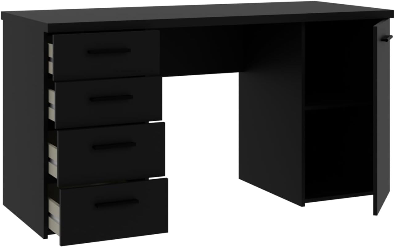 Forte Escritorio NET106 Negro con 1 Puerta y 4 cajones, Material de Madera, Negro, 145 cm de Ancho, 76,3 cm de Alto y 60 cm de Profundidad