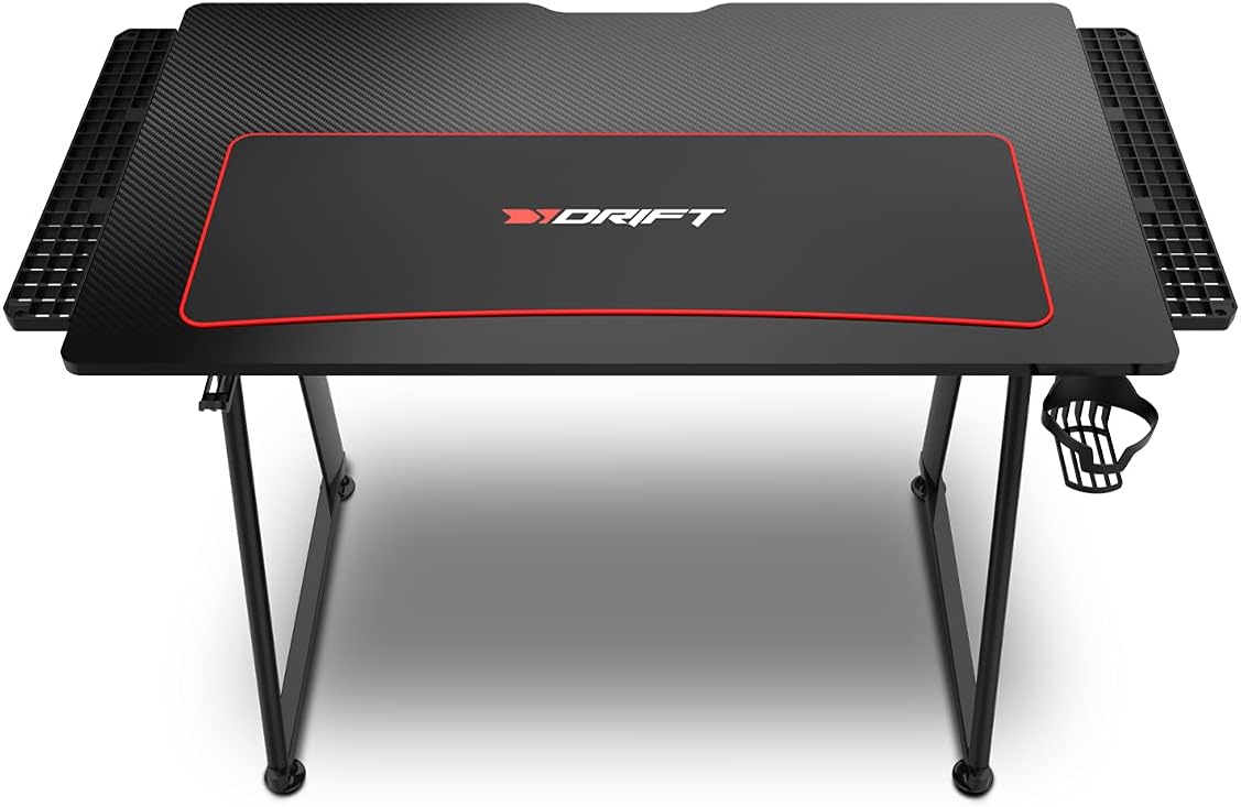 Drift Gaming DRDZ75 - Mesa de jogos com placa com acabamento em fibra de carbono coberto por um tapete Full Size, suporte para canecas e auriculares, pernas reguláveis, cor preta