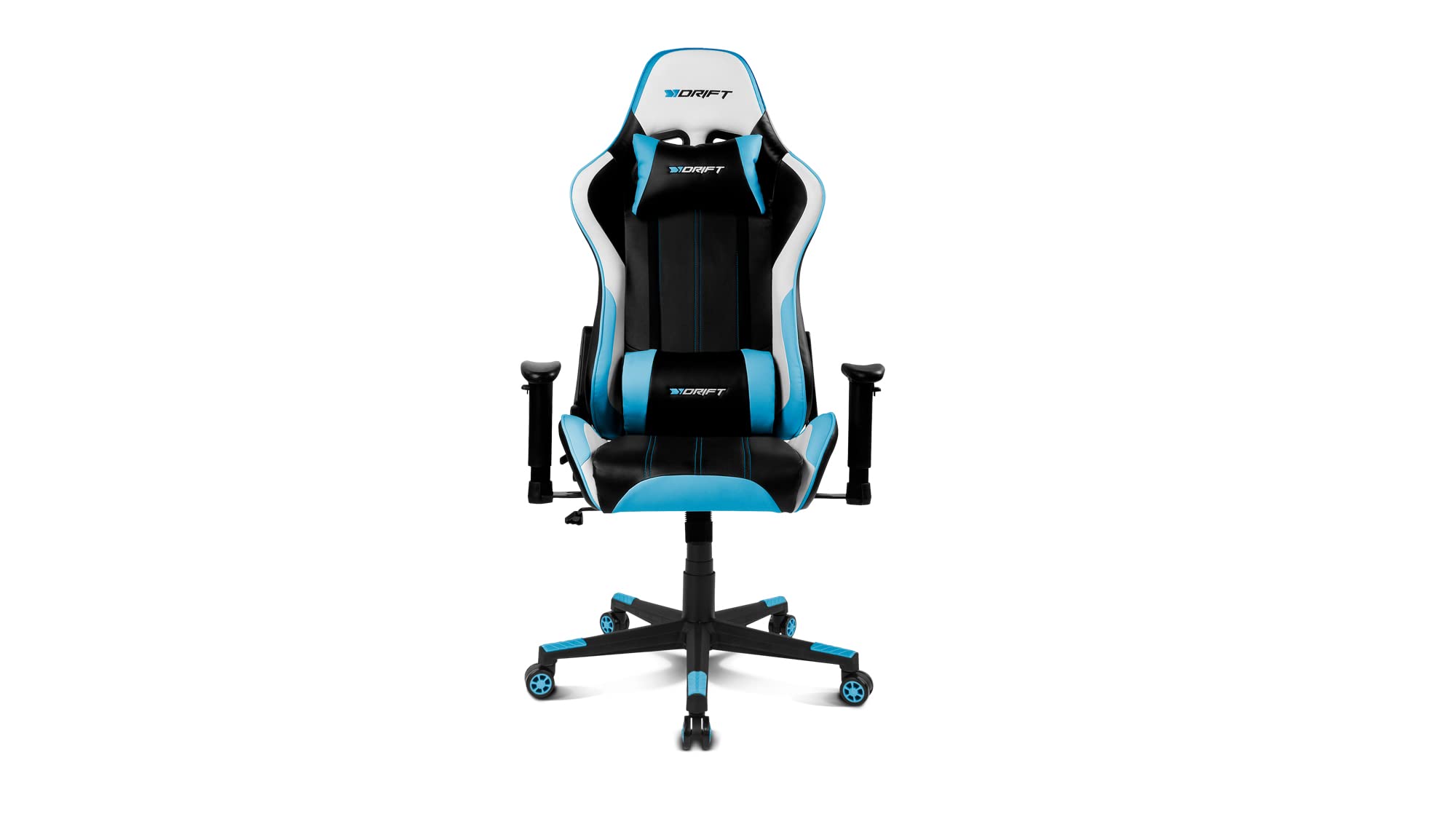 DRIFT GAMING DR175 - Cadeira Gaming profissional, couro sintético, apoio de braços ajustáveis 2D, pistão classe 4, giratória, mecanismo de borboleta, almofada lombar e cervical, cor preto/branco