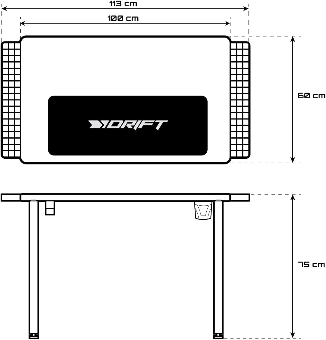 Drift Gaming DRDZ75 - Mesa de jogos com placa com acabamento em fibra de carbono coberto por um tapete Full Size, suporte para canecas e auriculares, pernas reguláveis, cor preta