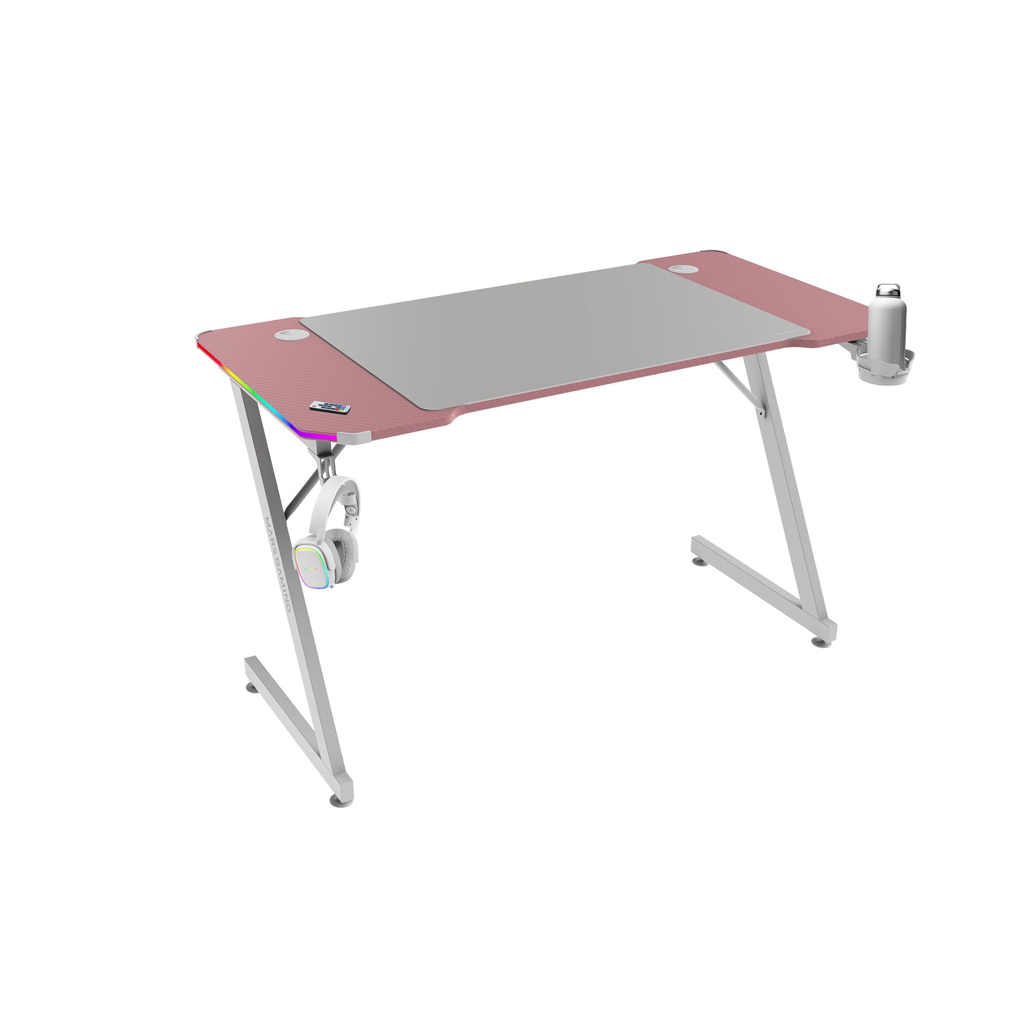 Mars Gaming MGD-X160RGB, Mesa de jogos ergonómica, iluminação ARGB com comando, fibra de carbono, tapete XXL, suporte auriculares e bebida, gestão com cabos, secretária Gaming 160 x 60 cm, preto
