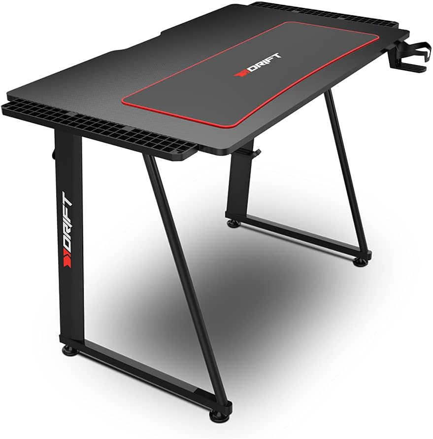 Drift Gaming DRDZ75 - Mesa de jogos com placa com acabamento em fibra de carbono coberto por um tapete Full Size, suporte para canecas e auriculares, pernas reguláveis, cor preta