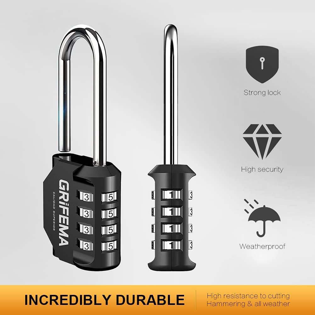 GRIFEMA, GA1002, Candado de Combinación Extendido, 2 Piezas, Cerradura de Combinación de 4 dígitos para Escuela, Adecuada para gimnasio, Maleta de Equipaje, Negro, Largo