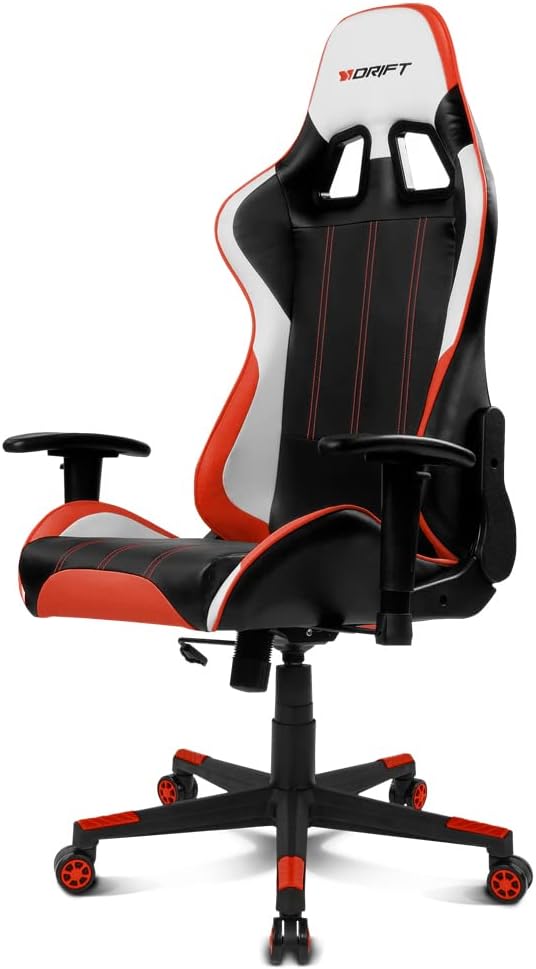 DRIFT GAMING DR175 - Cadeira Gaming profissional, couro sintético, apoio de braços ajustáveis 2D, pistão classe 4, giratória, mecanismo de borboleta, almofada lombar e cervical, cor preto/branco