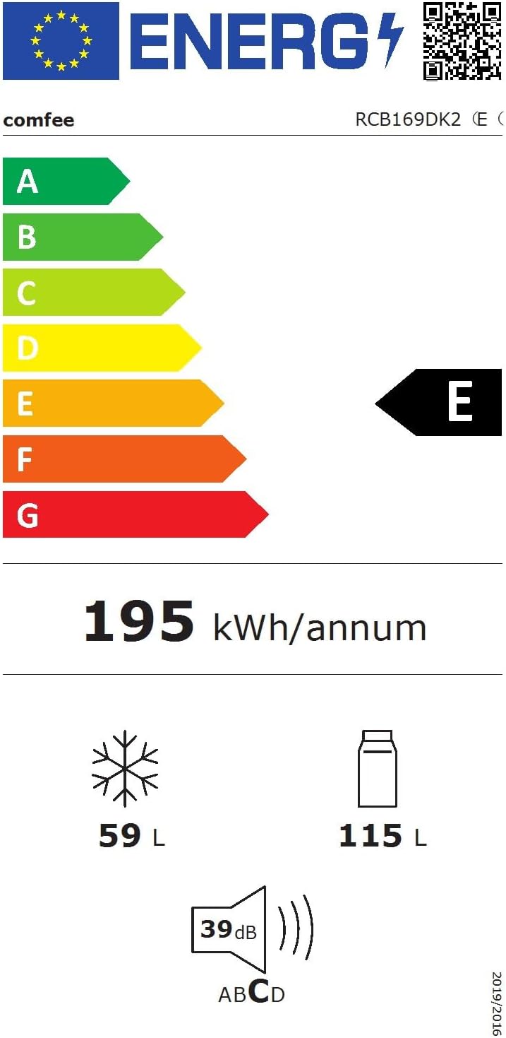 Comfee ' RCB169DK2(E) 174L frigorífico com congelador/altura 150 cm/Low Frost/temperatura ajustável do frigorífico/luz LED/195 kWh/ano/115L frigorífico/59L congelador/preto