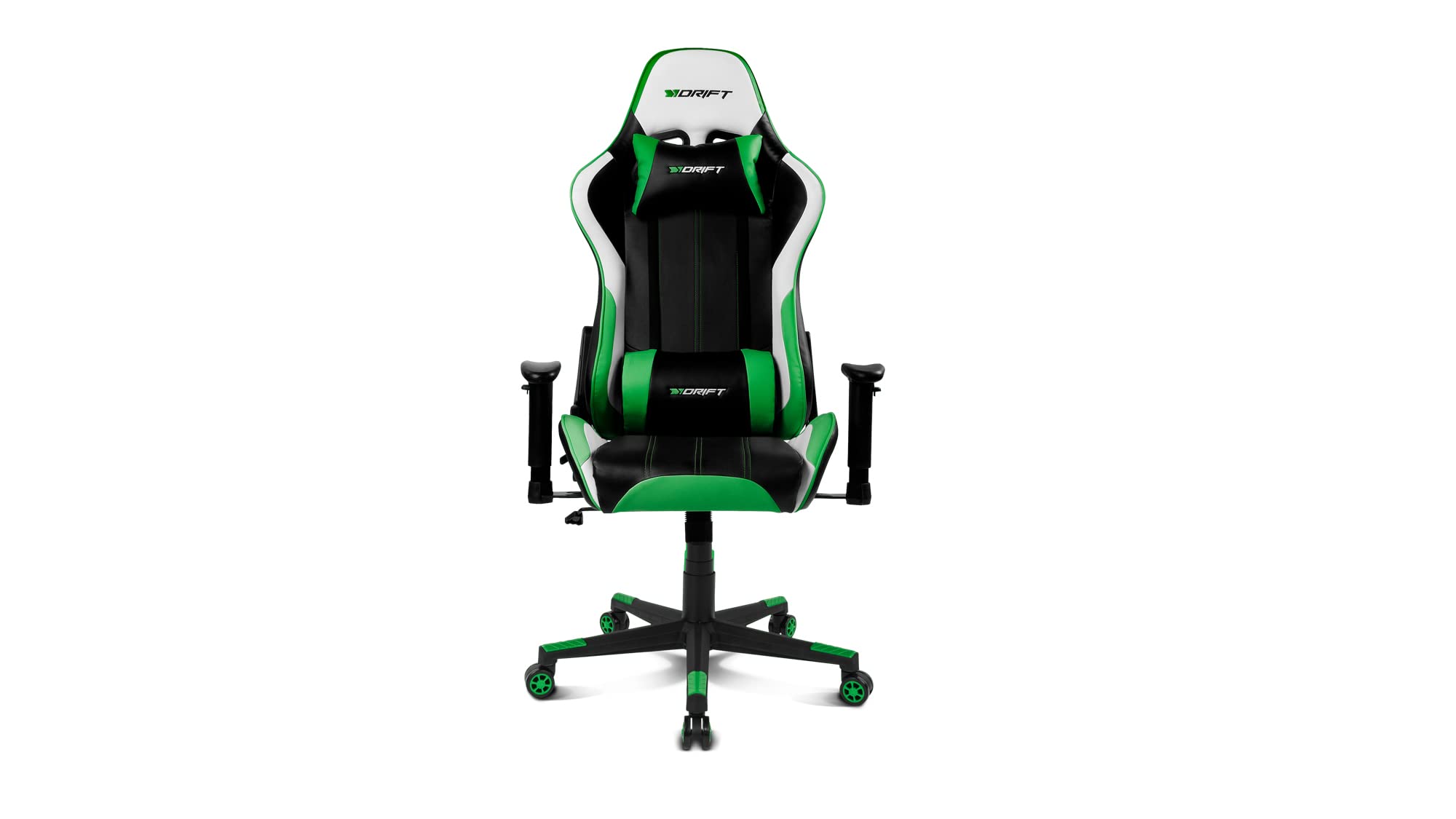 DRIFT GAMING DR175 - Cadeira Gaming profissional, couro sintético, apoio de braços ajustáveis 2D, pistão classe 4, giratória, mecanismo de borboleta, almofada lombar e cervical, cor preto/branco