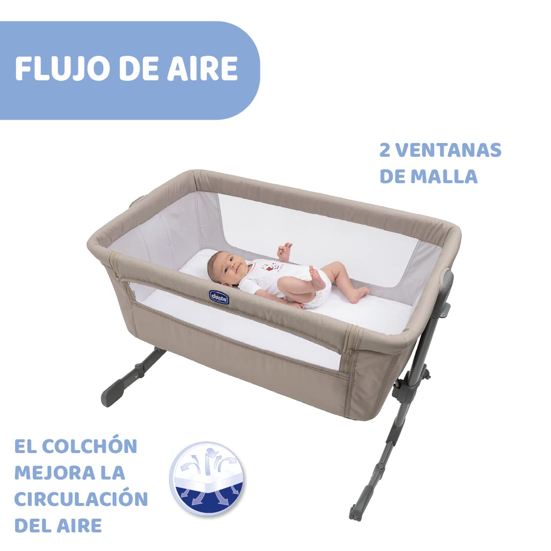 Chicco Next2Me Essential Cuna para Recién Nacido, Sostenible, Compatible con Diferentes Camas, Altura Ajustable, Inclinable, Buena Circulación de Aire, Colchón y Bolsa Incluidos, Color: Dune Re_lux