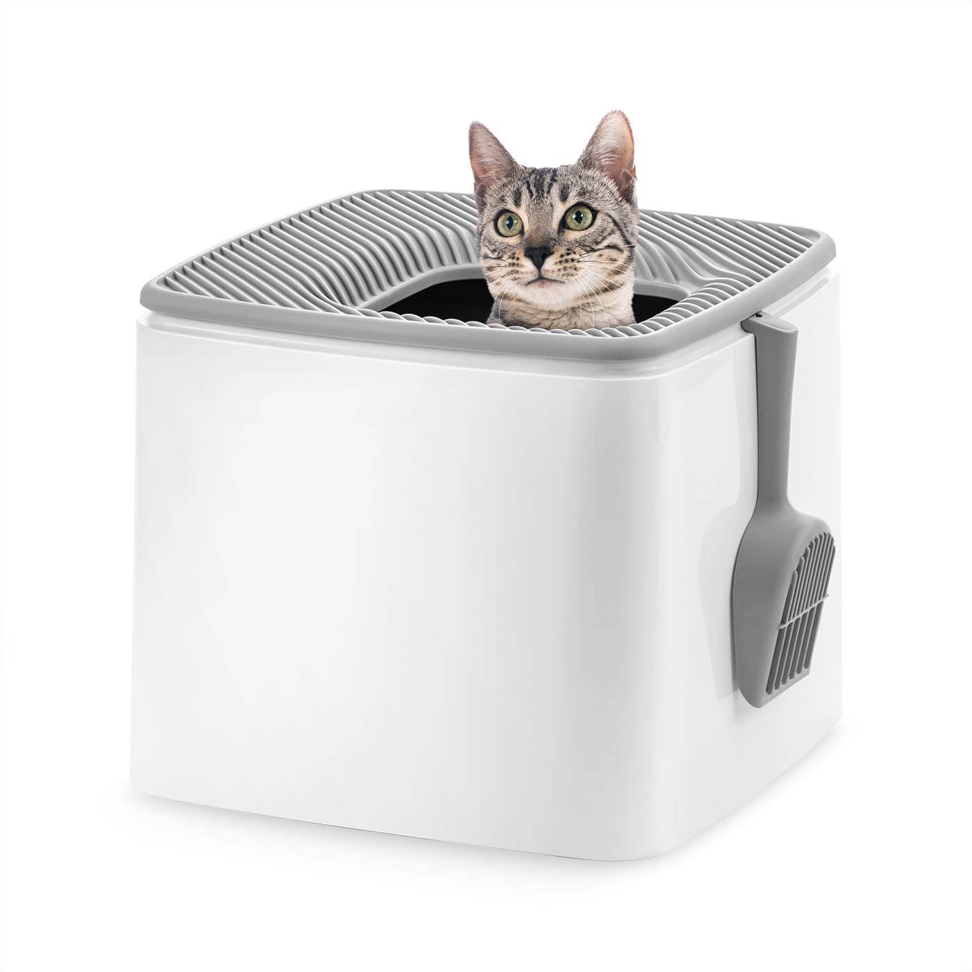 Iris Ohyama Areneiro de gato coberto com pá, até 7 kg, cinzento/branco, caixa de areia para gatos, caixa, para gatos grandes e pequenos, fechado, caça-louças, WC, livre de BPA, Cat Litter Box, TECL-20
