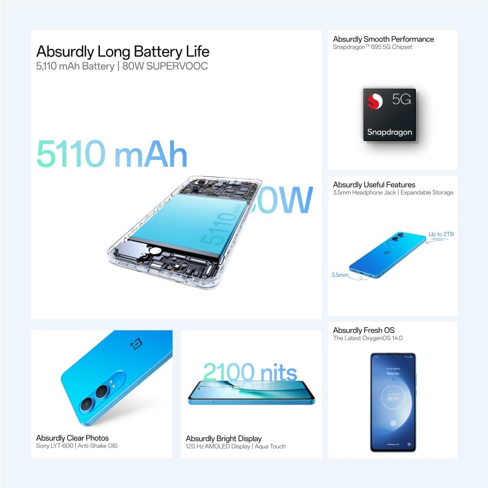 OnePlus Nord CE 4 Lite 5G 8 GB RAM 256 GB armazenamento smartphone sem SIM com câmara dupla de 50 MP - Mega Blue