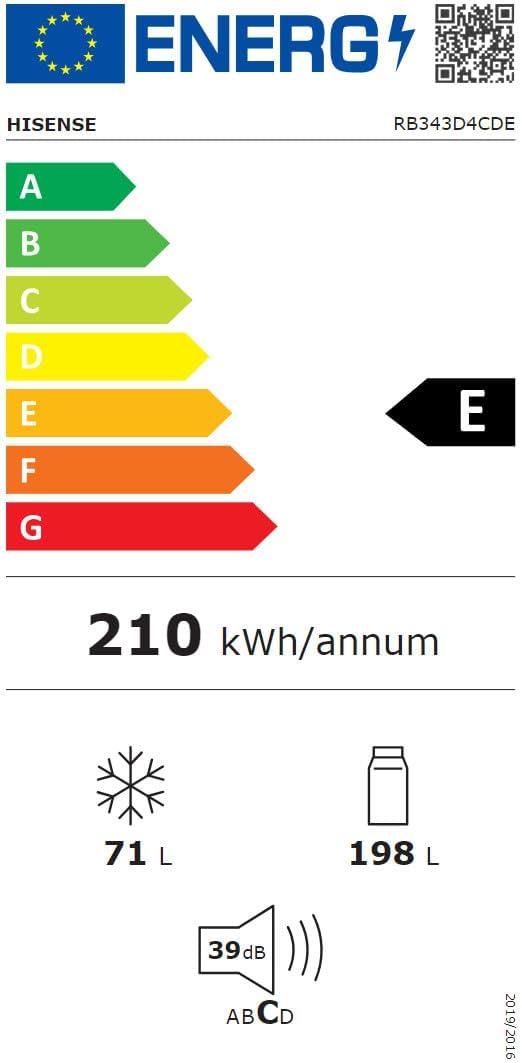Hisense RB343D4CDE Frigorífico combinado cíclico, 269 l, classe E, largura 55 cm x altura 180 cm, porta reversível, abertura de portas de 90º, iluminação LED, gavetas frutas e legumes, grande