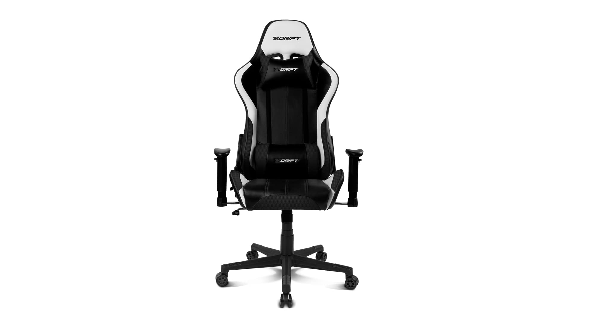 DRIFT GAMING DR175 - Cadeira Gaming profissional, couro sintético, apoio de braços ajustáveis 2D, pistão classe 4, giratória, mecanismo de borboleta, almofada lombar e cervical, cor preto/branco