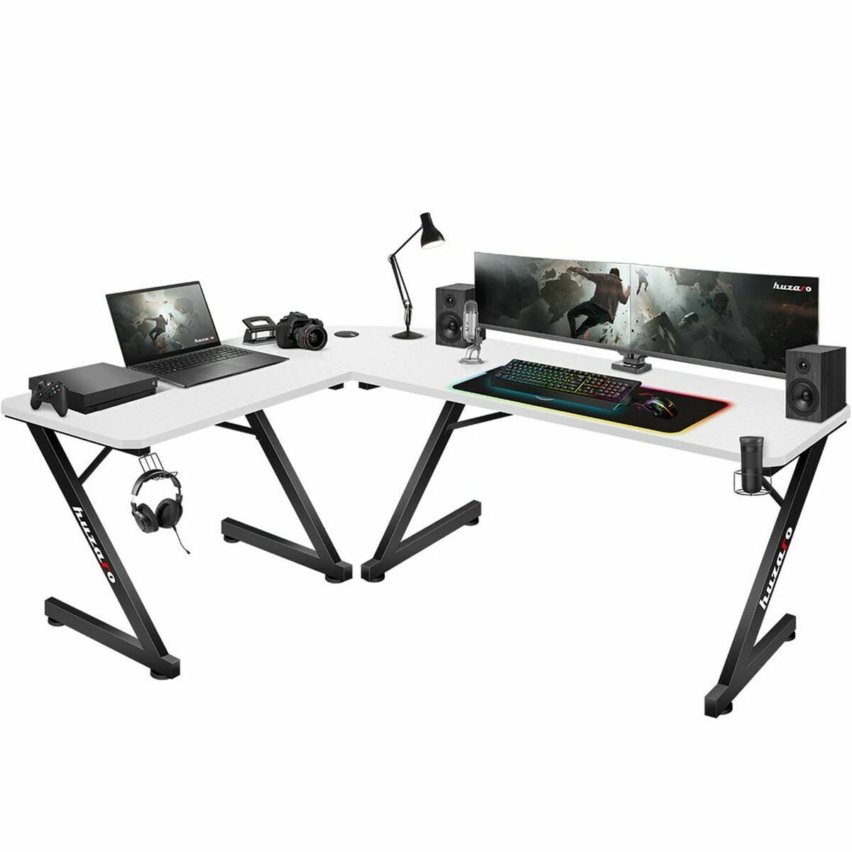 Mesa de Escritório Gaming Huzaro HZ-Hero 7.0 Branco Preto Fibra de carbono 154 x 72,5 x 117 cm
