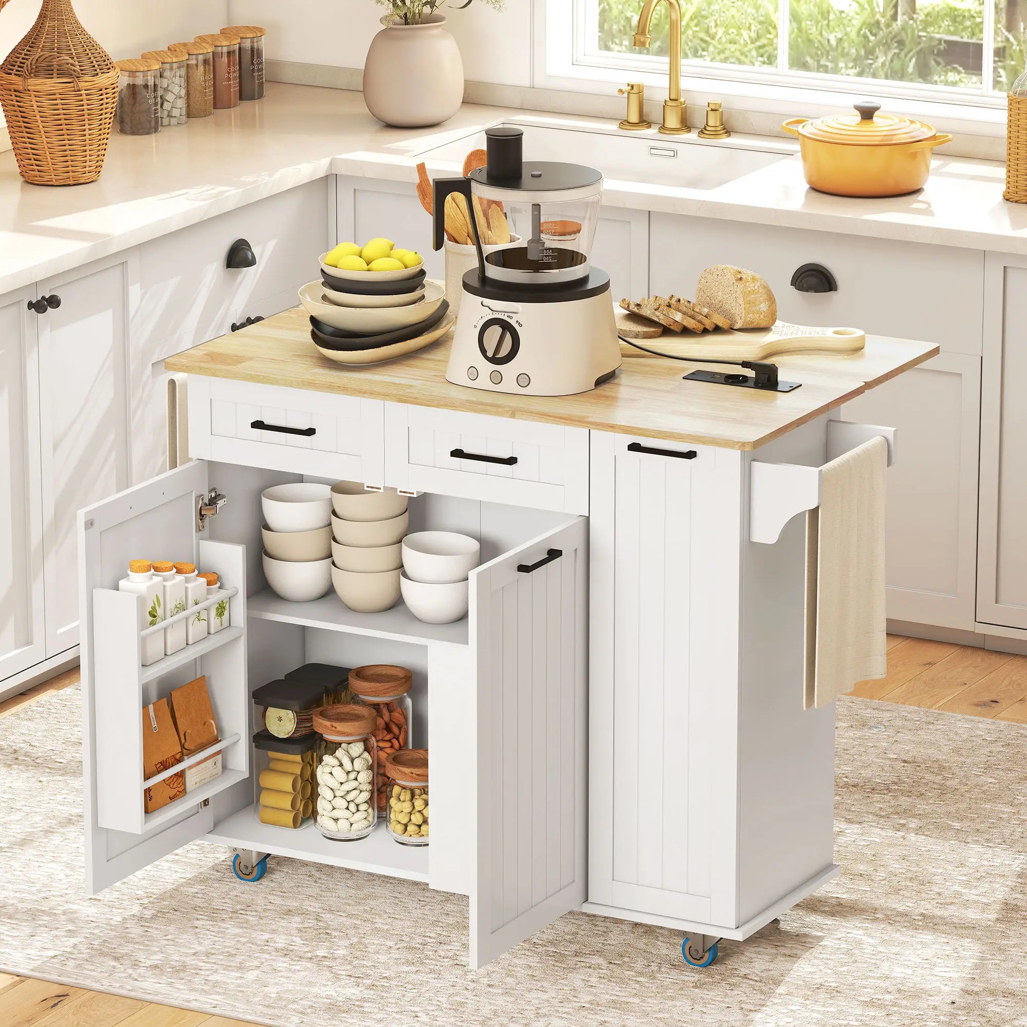 Ilha de Cozinha com Rodas Carrinho de Cozinha com Tomada USB Bancada Rebatível 2 Gavetas 119,5x74x94,5 cm Branco