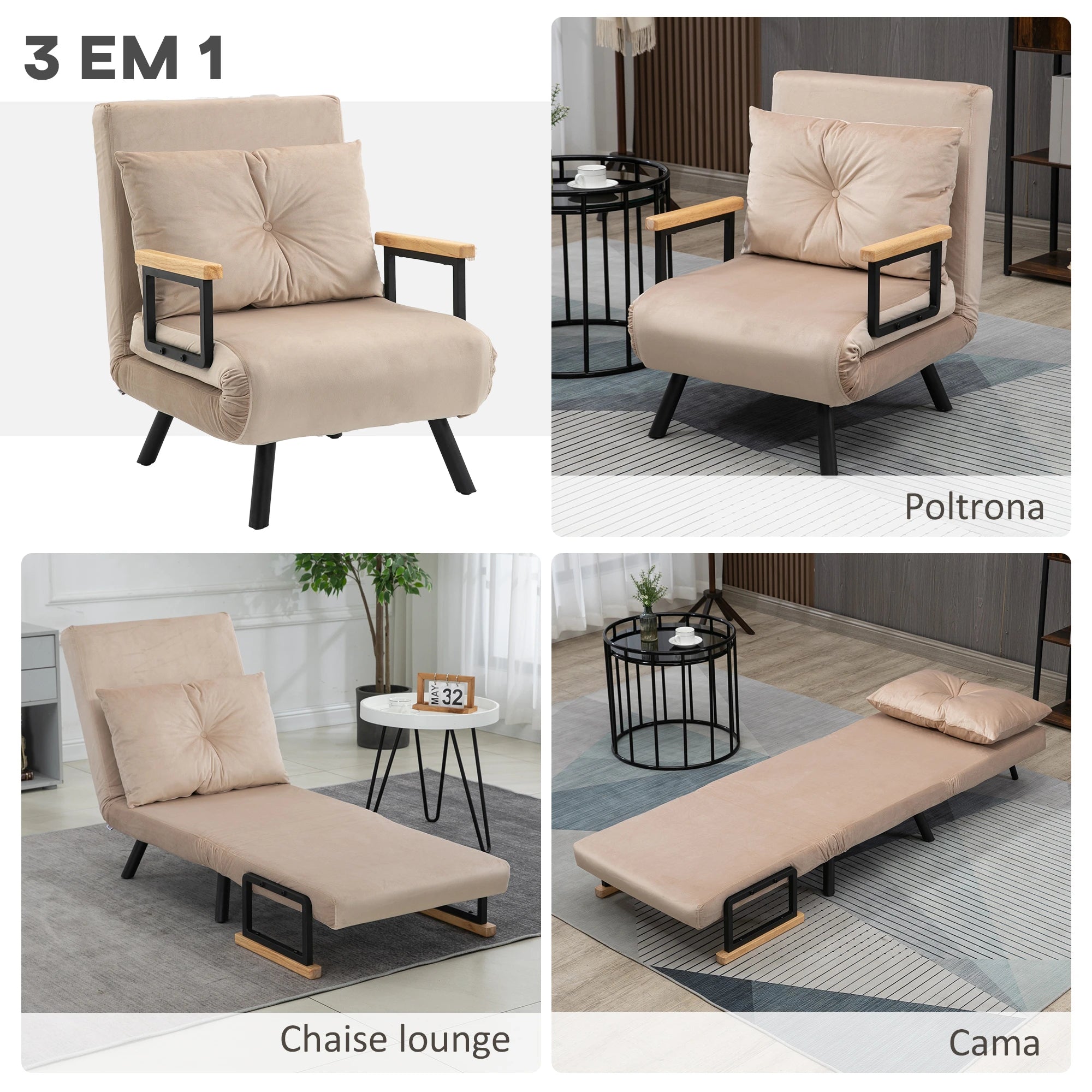 Poltrona Convertível em Cama Poltrona 3 em 1 Convertível em Cama com Encosto Ajustável em 5 Níveis 63x73x81 cm Bege