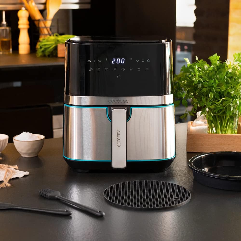 Cecotec Frigideira de ar sem óleo de 5,5 l, Air Fryer Cecofry Full Inox 5500 Pro, com acessórios. 1700 W, dietética e digital, tátil, acabamentos em aço inoxidável, 8 modos, pack de acessórios