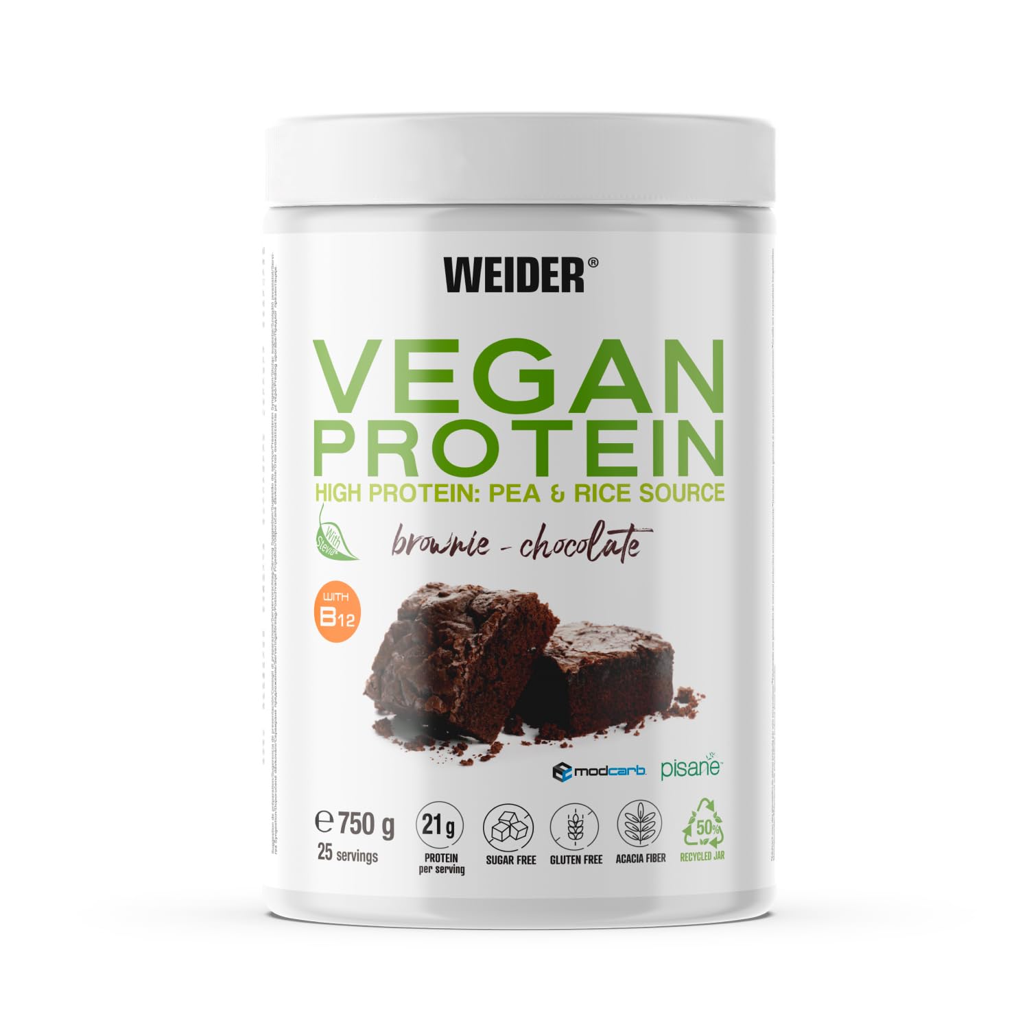 Weider Vegan Protein (750g) Sabor Vainilla. Proteína Vegana 23g/dosis Aislada Guisante (Pisane) y Arroz. Con Vitamina B12 y Stevia. Sin Gluten, Sin Azúcar. Bote 50% Reciclado, 100% Reciclable