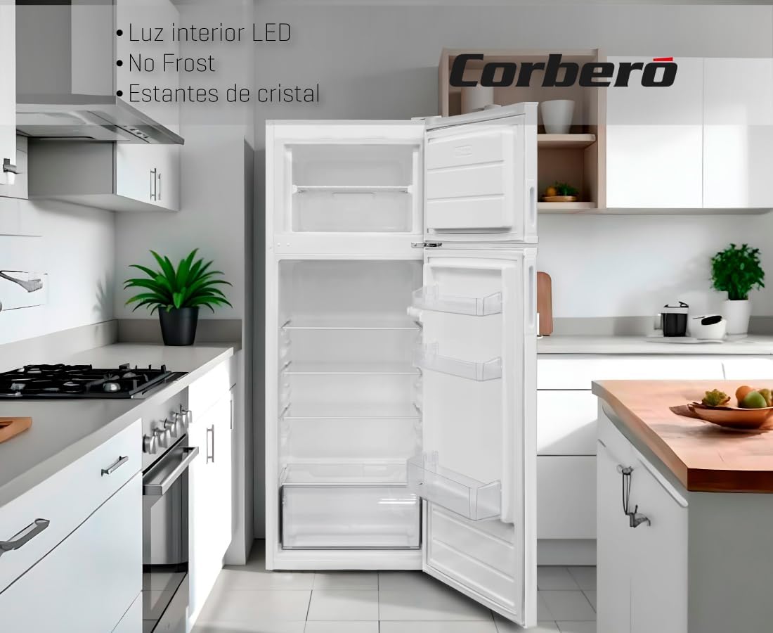 Corbero - Frigorífico 2P CF2PV21324W | Capacidad 212L | Blanco | Luz Interior, Crisper, Balcones Ajustables, Descongelación Manual, Estantes de Cristal, Huevera, Cubiteras | Eficiencia Energética E