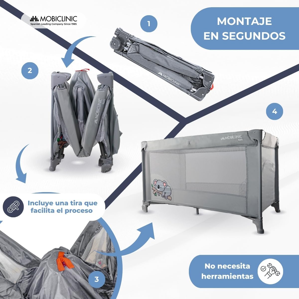 Mobiclinic®, Cuna de Viaje, Bolsa Transporte, 2 en 1, Plegado ultracompacto, Colchón extraíble, Mofli, hasta 15kg, Tela Transpirable, Entrada Lateral con Cremallera, Parque bebé, Ruedas (Gris)
