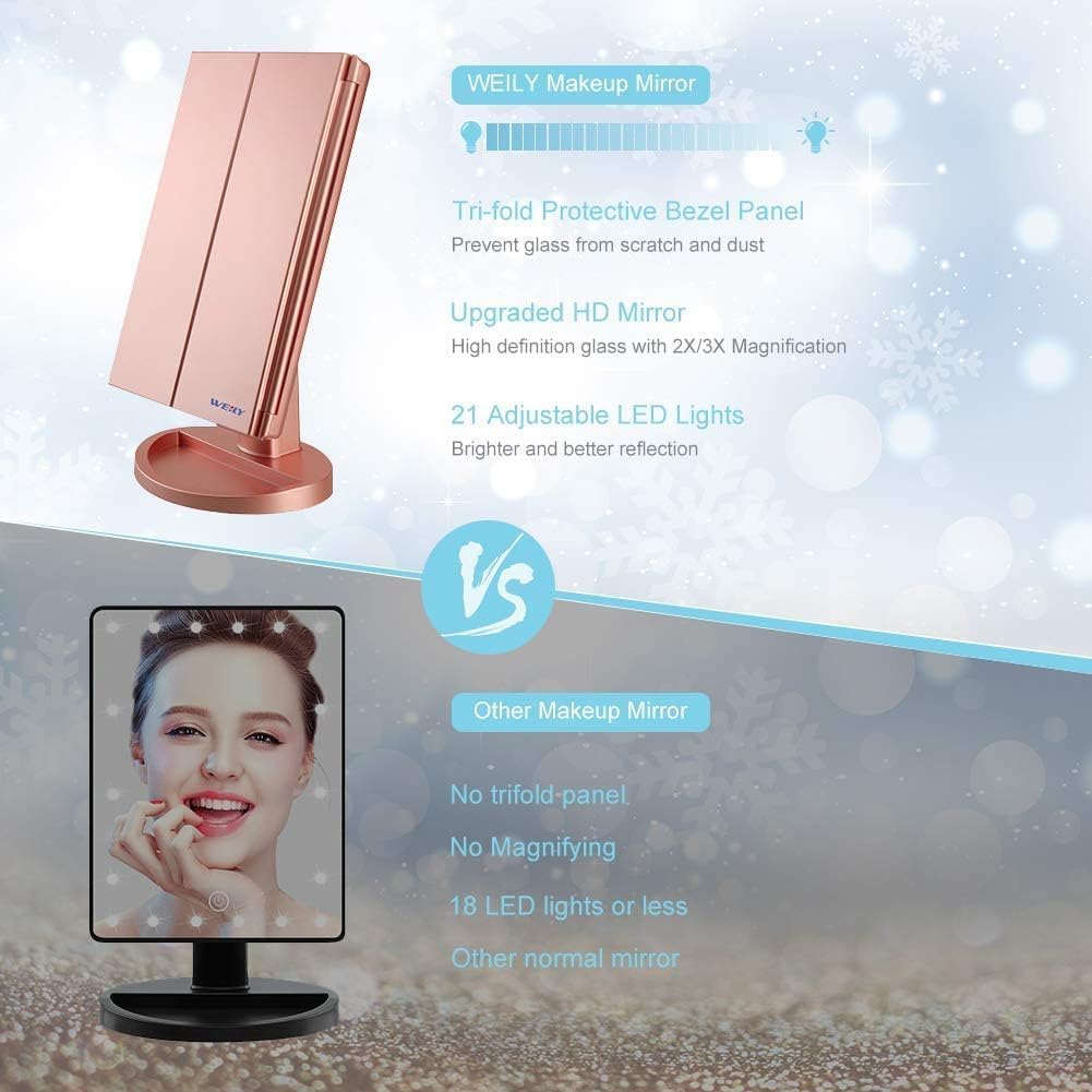WEILY Espelho de maquilhagem iluminado, com ampliação 1X / 2X / 3X, luzes naturais de LED, ecrã tátil, espelho recarregável