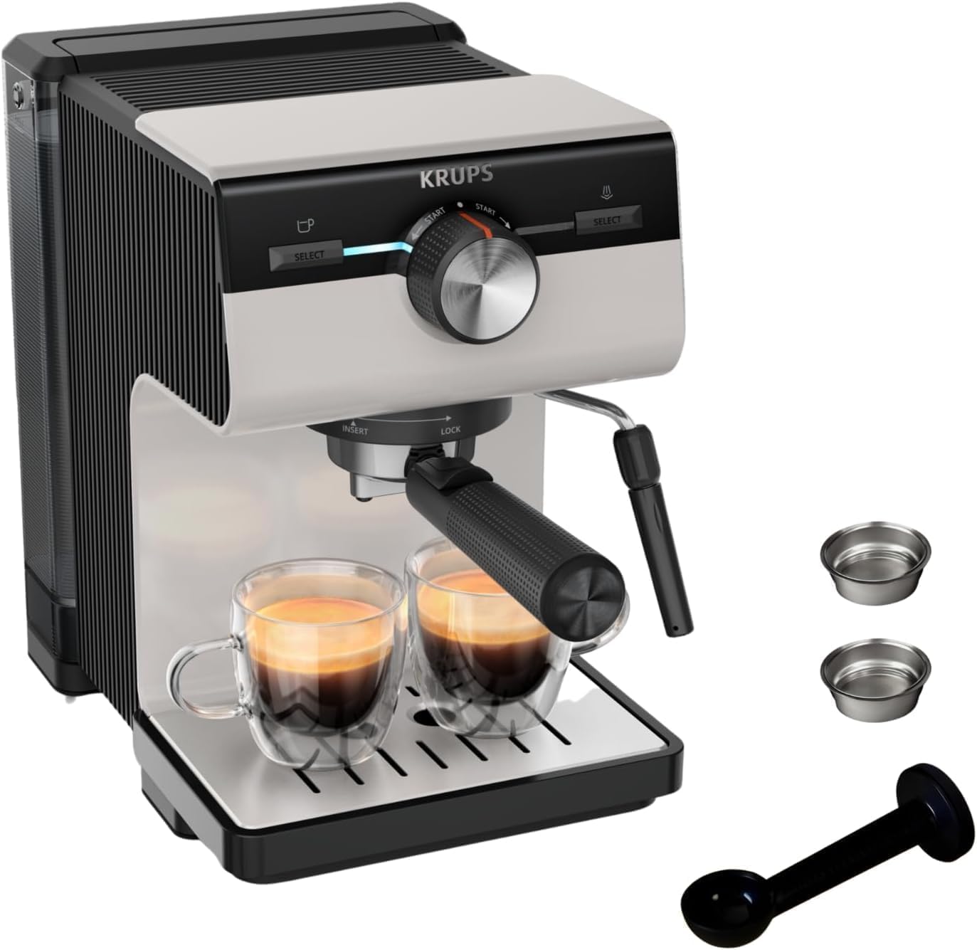 Krups Cafeteira expresso manual, autêntico, 15 barras de pressão, espumador de leite, ajuste manual, colher de medição e compactador, depósito de 2 l de capacidade, Inox, XP381B