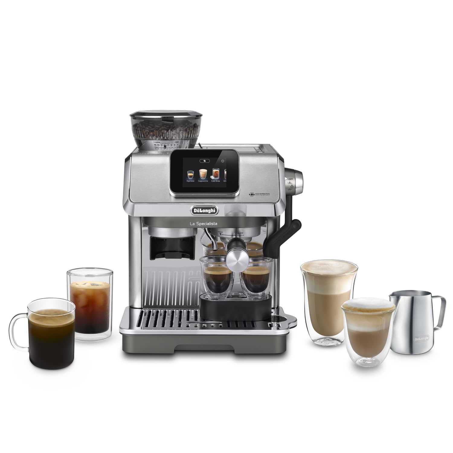 De'Longhi A arte especial Evo EC9255.T, máquina de café expresso, com função Cold Brew, com jarro de leite profissional, sensor Grinding Technology, incluído kit de barista, 1550 W, titânio