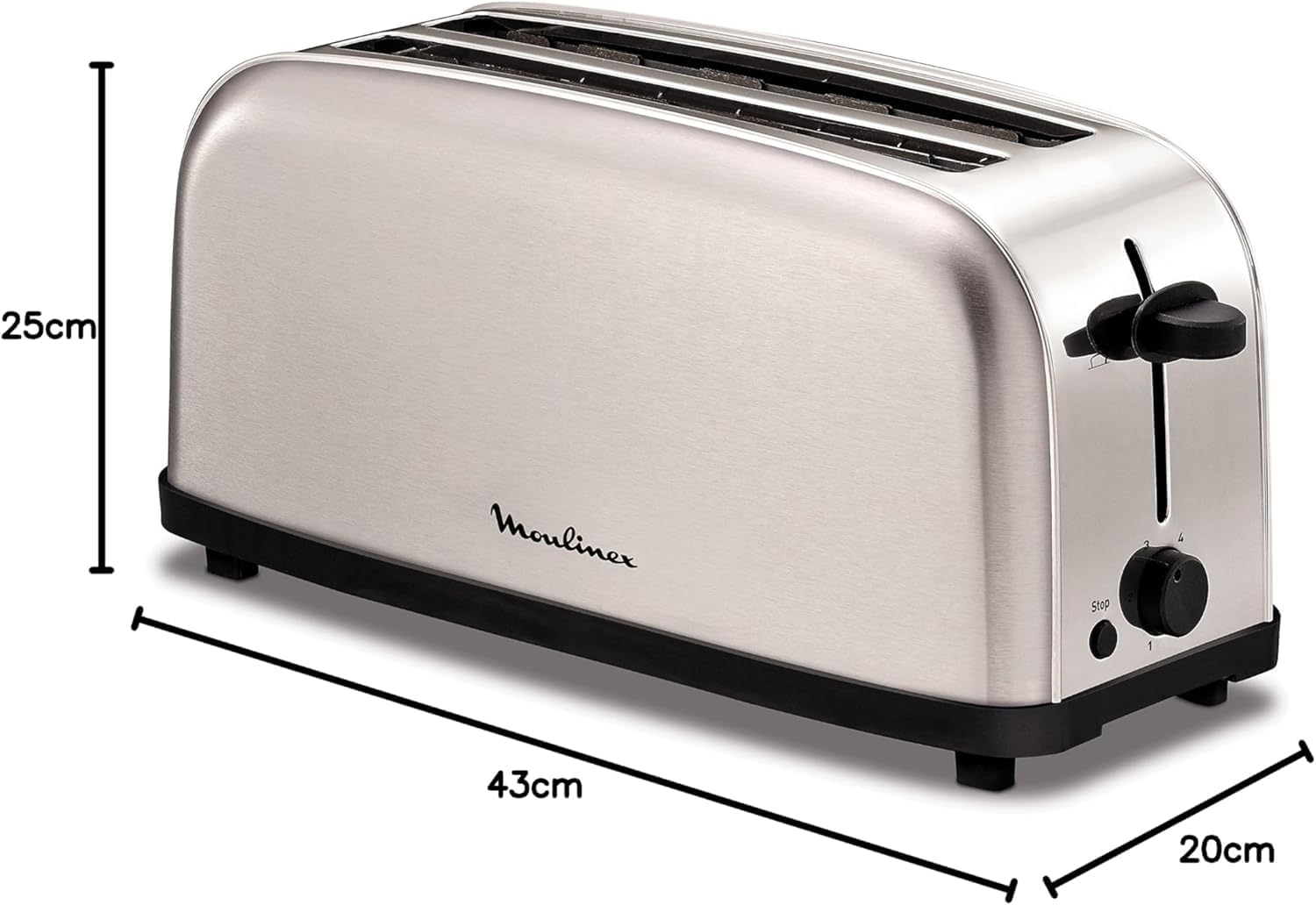 Moulinex Classic LS330D Torradeira de aço inoxidável, 2 ranhuras longas e largas, 1400 W, 6 posições torrada, função Stop e bandeja de recolha, para todos os tipos de pão normal, molde, artesão