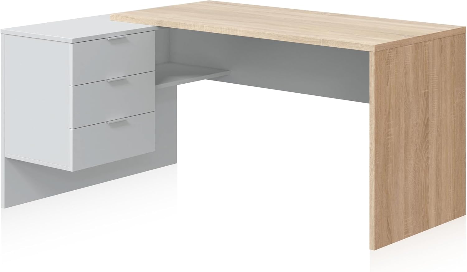 duehome | Escritório com gaveta, mesa de escritório, modelo Office Work, acabamento em branco Artik e carvalho cananadian, medidas: 145 cm (comprimento) x 102 cm (fundo) x 73 cm (altura)