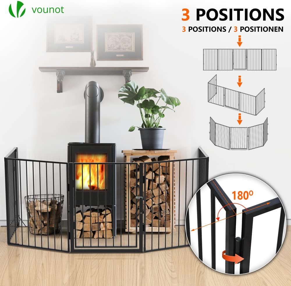 VOUNOT® Barreira de segurança para cães, cerca de segurança 5 painéis, grade de proteção de lareira montagem flexível, 300 x 75 cm, preto