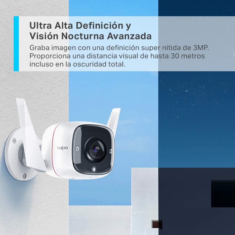 Tapo Camara Vigilancia WiFi Exterior,Cámara 2K 3MP sin batería,IP66 a Prueba de Agua y Polvo, hasta 30m Visión Nocturna, Detección de Movimiento & Alarma Instantánea,Admite Tarjeta SD de 128GB