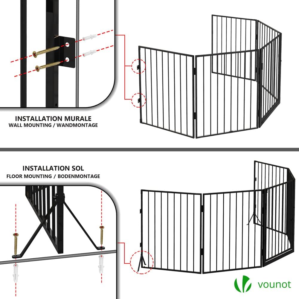 VOUNOT® Barreira de segurança para cães, cerca de segurança 5 painéis, grade de proteção de lareira montagem flexível, 300 x 75 cm, preto