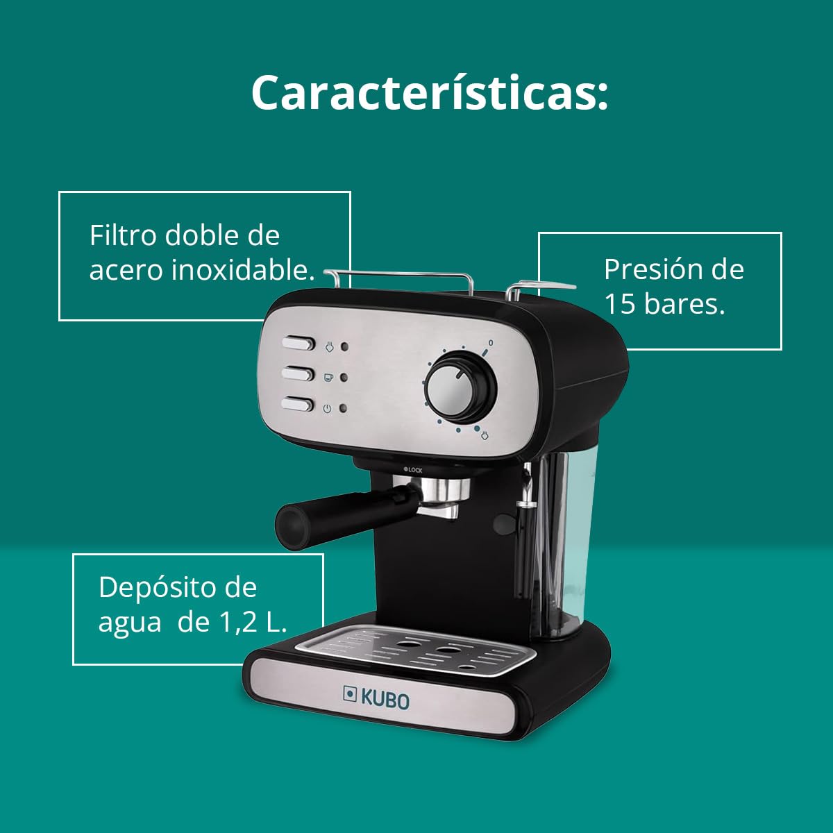 KUBO - Máquina de café expresso, pressão 15 bar, depósito de água 1,2 L, 850 W, vaporizador para cappuccino ou bebidas com leite, fácil de limpar