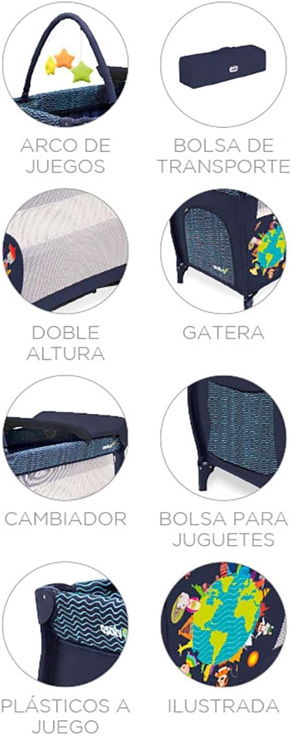 Asalvo Berço de viagem 4 em 1 para bebé com altura dupla, arco de jogos, dobrável compacto, base acolchoada e bolsa de transporte Mix Plus Zeppelin cinzento