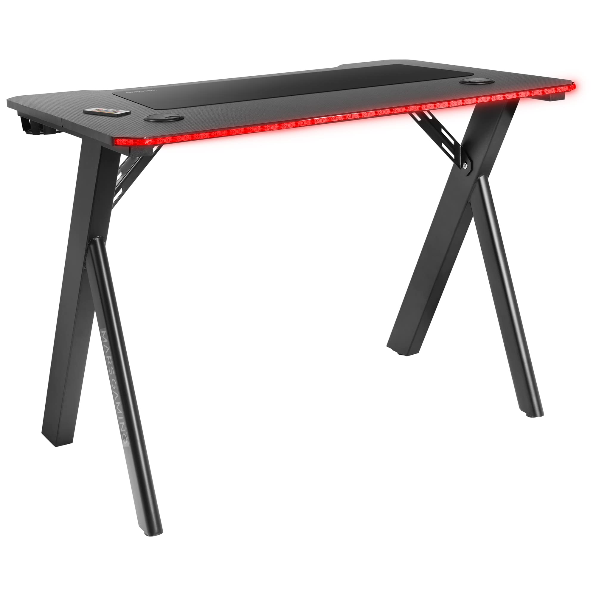 Mars Gaming MGD-X160RGB, Mesa de jogos ergonómica, iluminação ARGB com comando, fibra de carbono, tapete XXL, suporte auriculares e bebida, gestão com cabos, secretária Gaming 160 x 60 cm, preto
