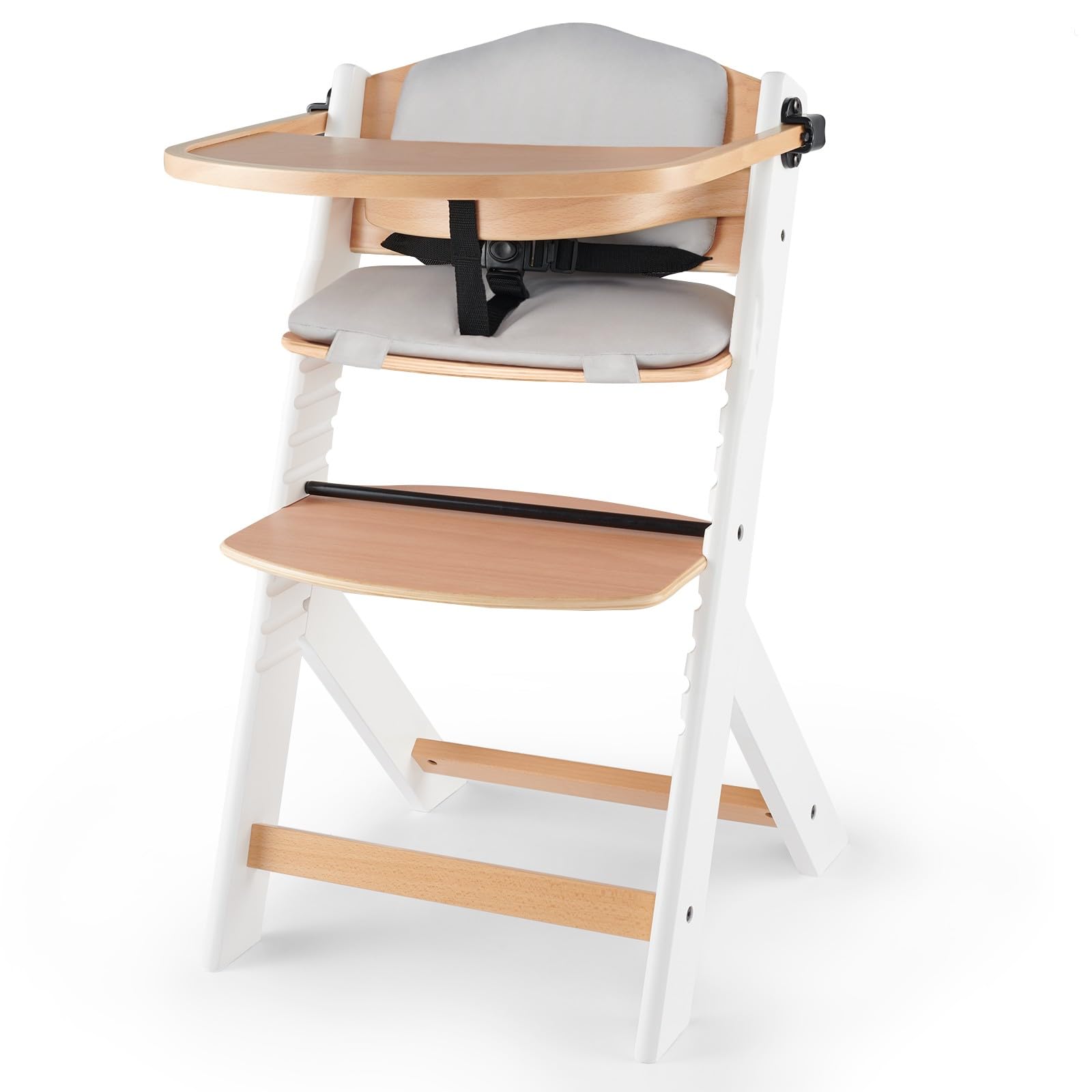 kk Kinderkraft ENOCK Cadeira alta bebé de madeira, infantil, portátil, para crianças, cadeira alta evolutiva, ergonómica, com acessórios, barreira e bandeja, madeira natural