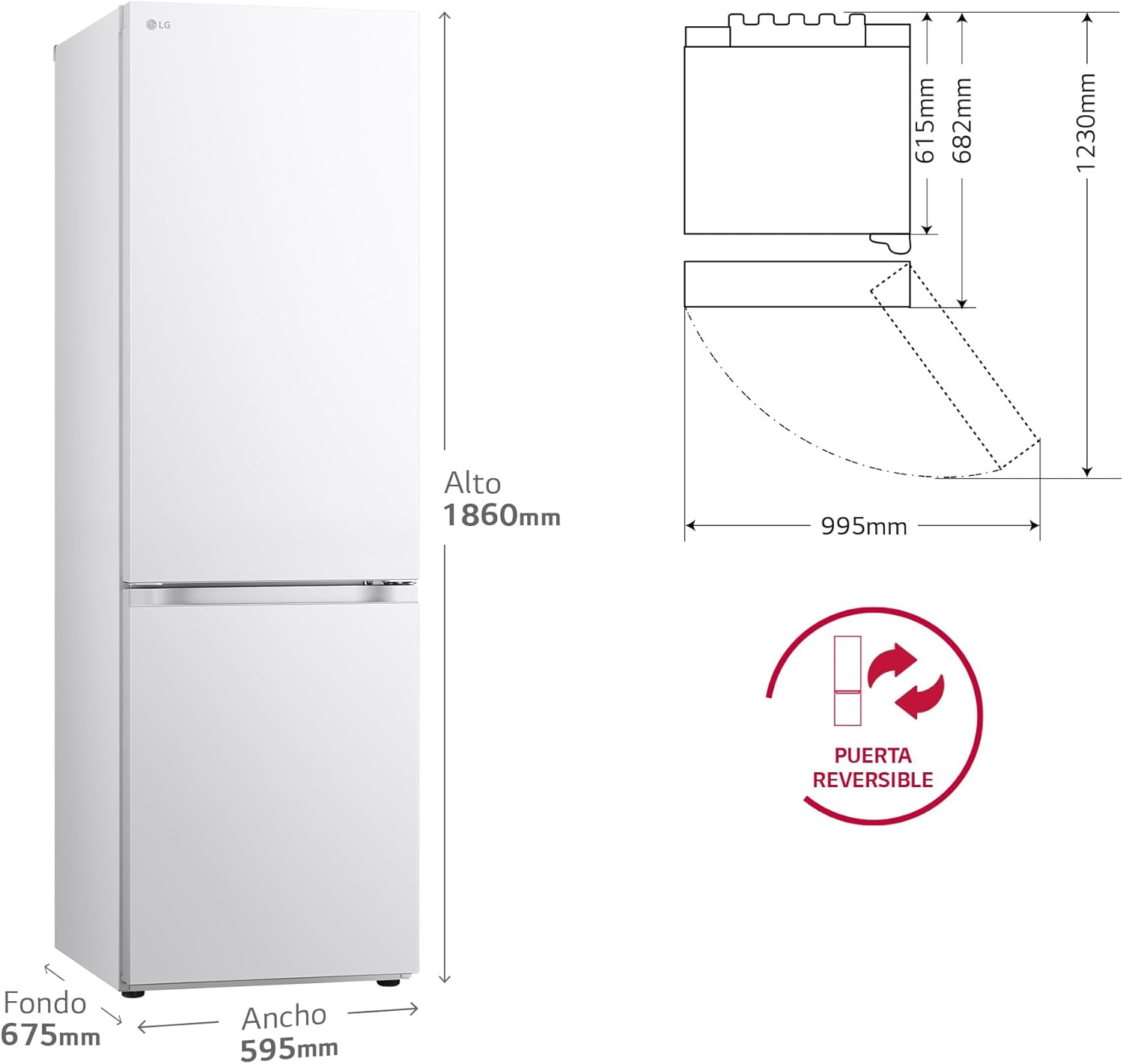 LG GBV3100DSW - Friforífico Combi Door Cooling+, 1.86m, Total No Frost, Clasificación D, Capacidad de 374l, Serie 300, Blanco