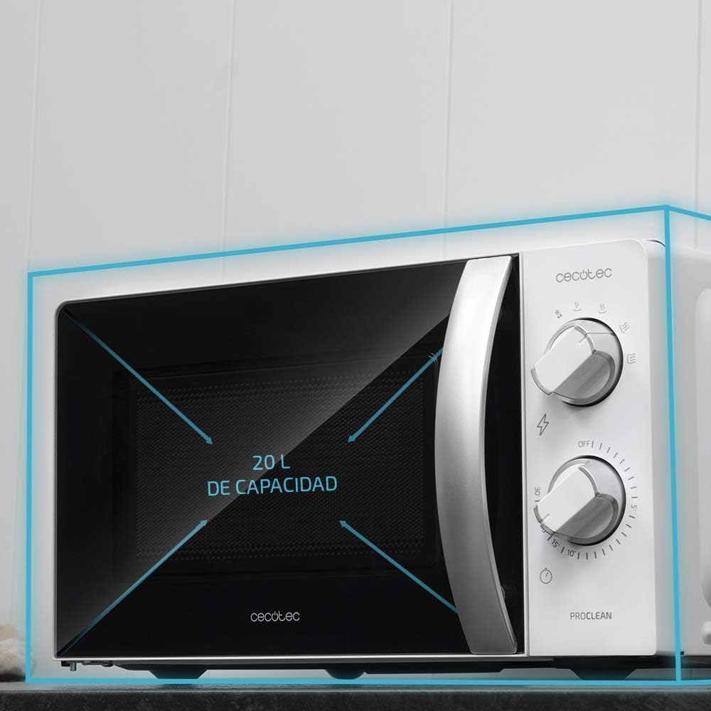 Cecotec Microondas ProClean 2010. 700 W de potência, capacidade de 20 l, tecnologia 3DWave, modo de descongelação, 6 níveis de potência, temporizador 30 mins, design compacto